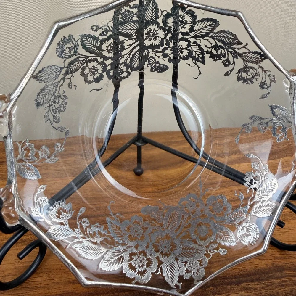 Silver City Glass Sterling Silver Overlay Floral Bowl Octagonal Handled Vintage